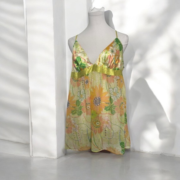 Vintage Y2K Yellow and Green Women's chemise beaded sequin Fairycore cottage xl - Picture 1 of 8